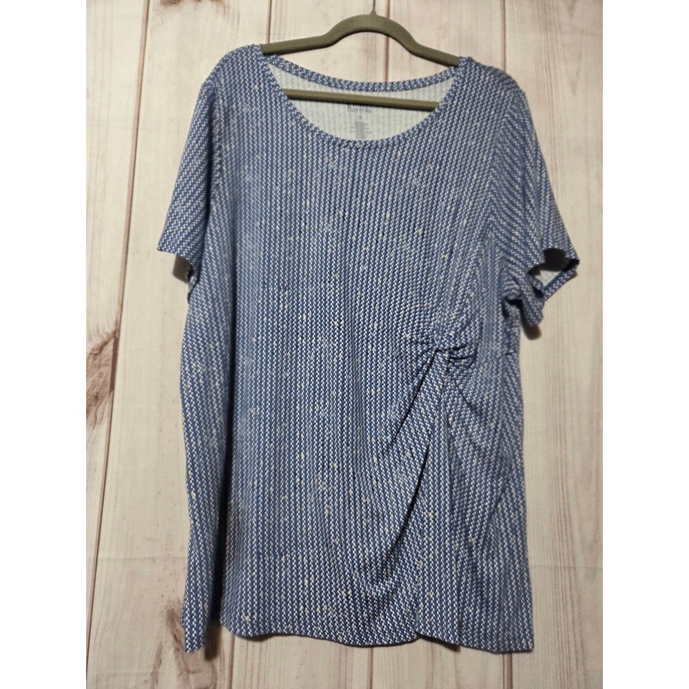 Croft & Barrow Womens 2X Blue White Geometric Side Knot Twist Short Sleeve Top